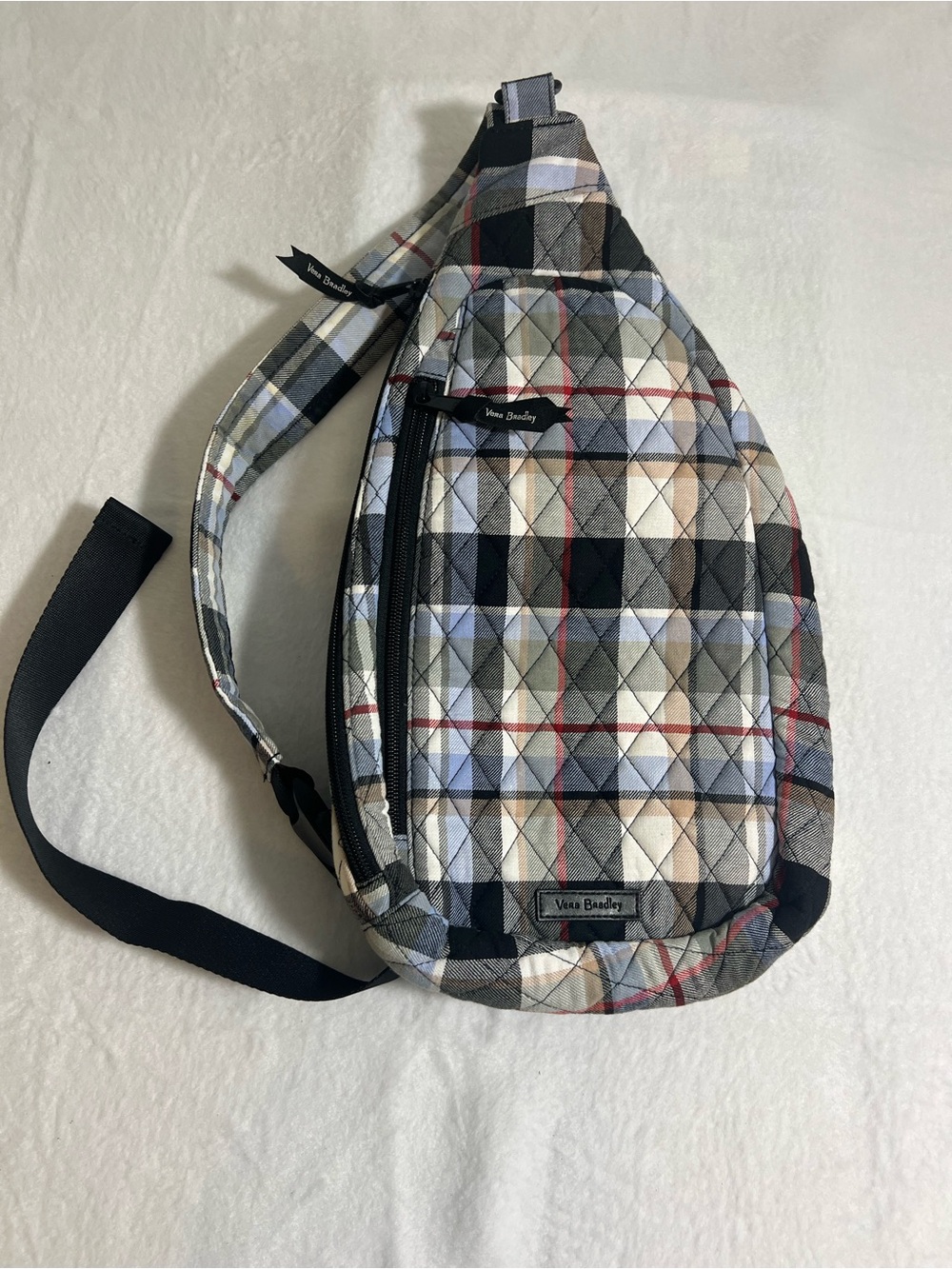 Vera Bradley Plaid Quilted Sling Bag - Black Gray Cream with Red Accent-NWOT